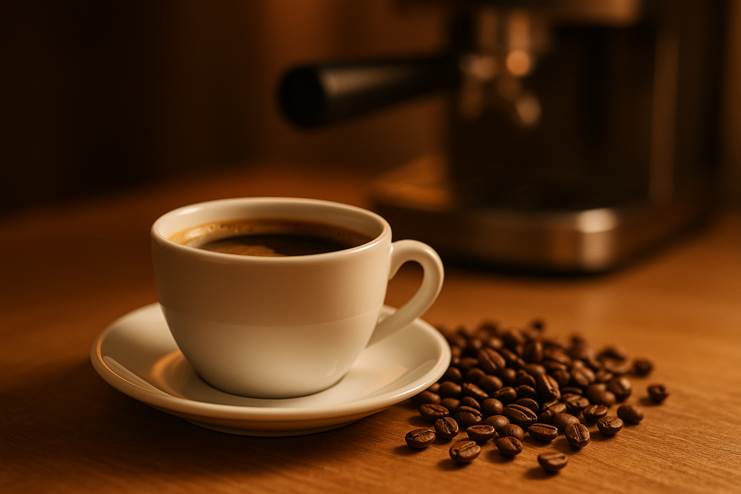 tasse de café avec des grains de café a cote en arriere plan un peu flouté une machine a café