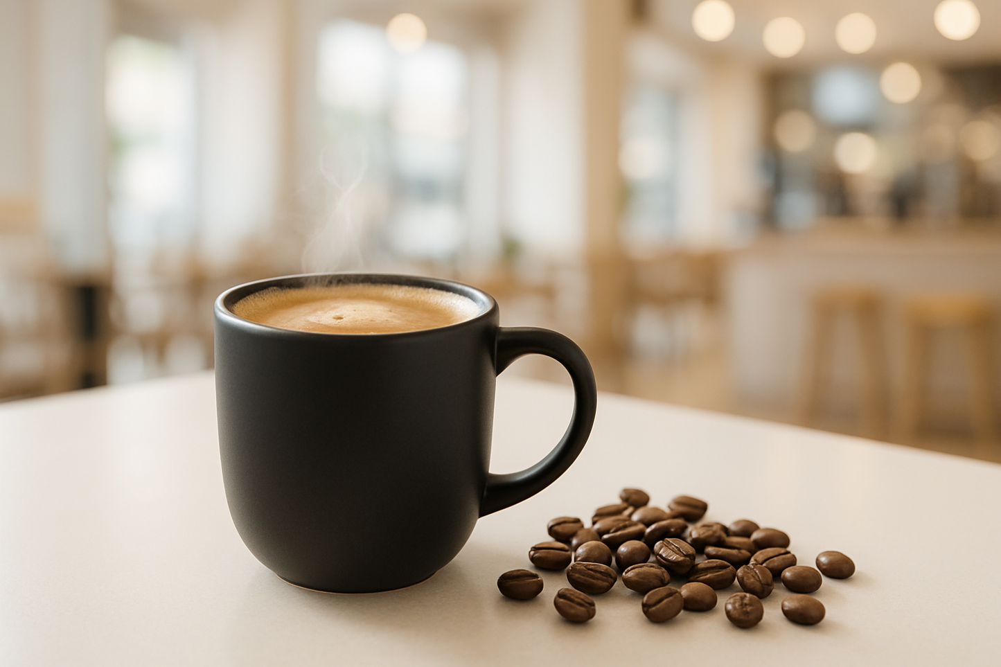 tasse noir mat avec un café une mousse fumante de café a coté des grains de cafés fond clair lumineux ambiance coffee shop
