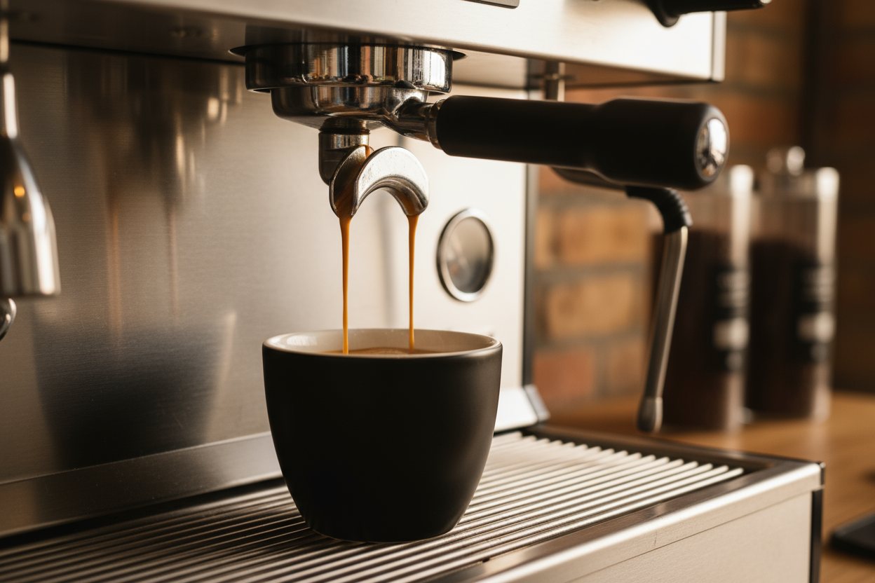 une machine expresso qui coule un café dans une tasse noir mat